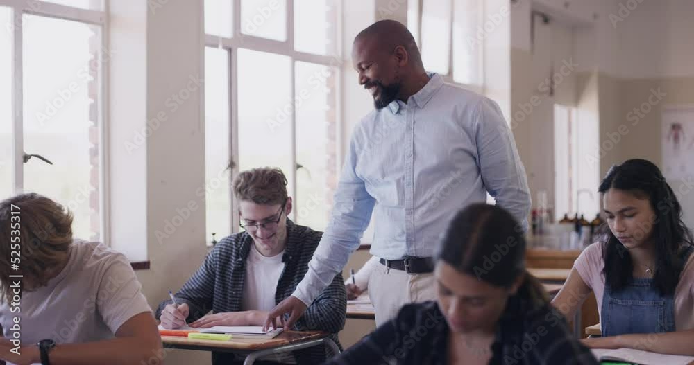 Poster teacher teaching a class of school students in classroom, walking in class during education exam and