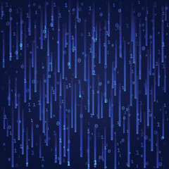 Falling digits zero and one on dark blue background. Abstract cyber backdrop.