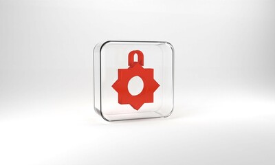 Red Christmas toy icon isolated on grey background. Merry Christmas and Happy New Year. Glass square button. 3d illustration 3D render