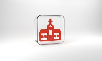 Red Church building icon isolated on grey background. Christian Church. Religion of church. Glass square button. 3d illustration 3D render