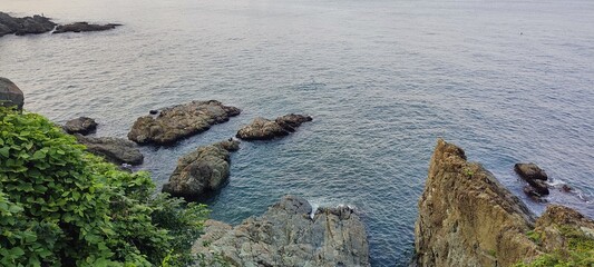 Fototapeta na wymiar sea. rocky seashore. the nature of the copy. Busan. walk along the sea