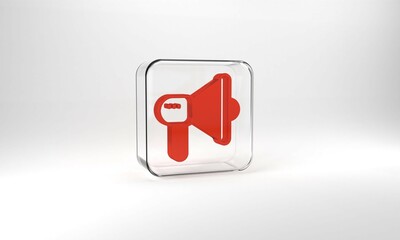 Red Megaphone icon isolated on grey background. Speaker sign. Glass square button. 3d illustration 3D render