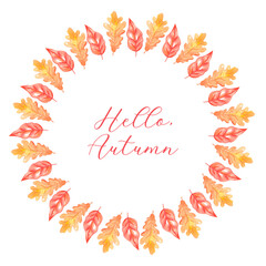 Watercolor orange and red leaves wreath Hello autumn. High quality illustration