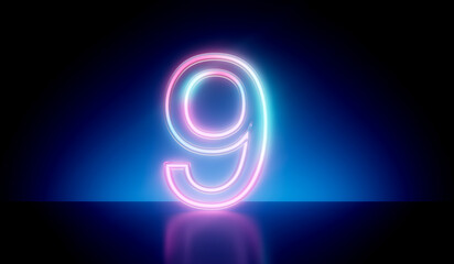 Number 9 neon glowing futuristic tube light. 3D Rendering