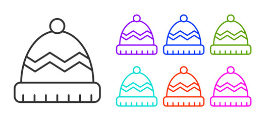 Black line Winter hat icon isolated on white background. Set icons colorful. Vector