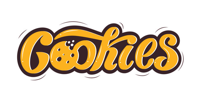 Cookies logo, yellow-brown volume handwritten letters digital vector illustration of cookies on the white background. The illustration is for the cookie packaging banner cards poster. Dessert.