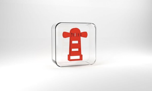 Red Lighthouse icon isolated on grey background. Glass square button. 3d illustration 3D render
