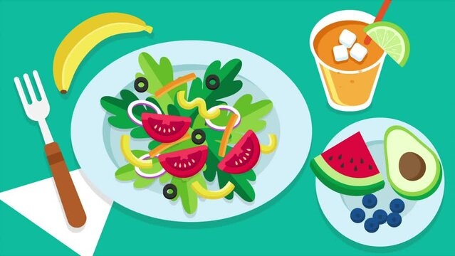 An animated scene of healthy vegan food. Includes a salad, banana, avocado, blackberries, watermelon, and an orange smoothie.