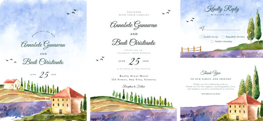 Wedding Invitation set with tuscany lavender hills of Italy scenery - 525538596