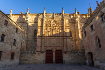 Fototapeta na wymiar Historical University of Salamanca facade at sunset in the old town, Castilla y Leon, Spain.