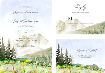 Wedding Invitation set with watercolor rocky mountain and pine trees - obrazy, fototapety, plakaty