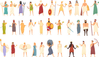 Greek mythology icons set cartoon vector. God roman. Hestia Cupid - obrazy, fototapety, plakaty