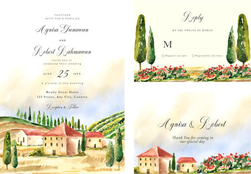 Wedding Invitation set with tuscany hills of Italy scenery
