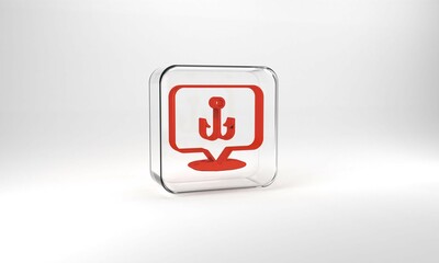Red Fishing hook icon isolated on grey background. Fishing tackle. Glass square button. 3d illustration 3D render