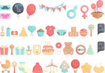 Gender party icons set cartoon vector. Reveal baby. Girl sleep