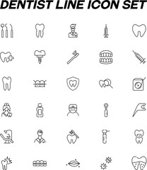 Profession and occupation concept. Modern outline signs drawn in flat style. Dentist line icon set with symbols of teeth, braces, stomatologist, syringe, dental tools, floss etc