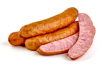 Boiled bratwurst sausages, isolated on white background.