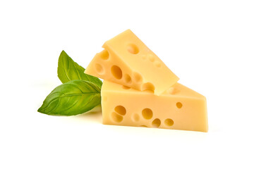 Emmental cheese triangle with basil, Swiss cheese, isolated on white background. High resolution image.