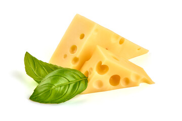 Emmental cheese triangle with basil, Swiss cheese, isolated on white background. High resolution image.