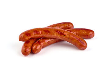Roasted sausages, barbecued sausages, isolated on white background.