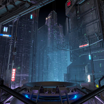dark futuristic sci fi scene with skyscraper building and mechanical platform or podium background with mechanical details and glow - 3d render of science fiction technological urban city atmosphere