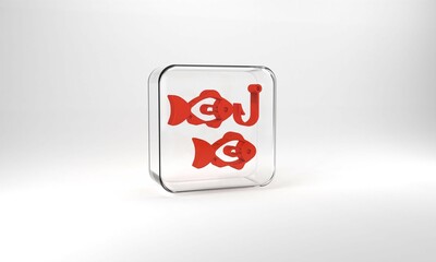 Red Fishing hook under water with fish icon isolated on grey background. Fishing tackle. Glass square button. 3d illustration 3D render