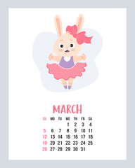 March 2023 calendar. Cute bunny girl ballerina in dress on pointe shoes. rabbit is symbol 2023 year to Chinese zodiac. Vector illustration. Vertical Template. Week from sunday In English.