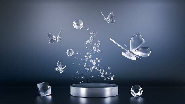 geometric abstract scene 3d render background. Product presentation, mock up, show cosmetic product, Podium or dais, stage pedestal or platform with blue geometric form and butterflies