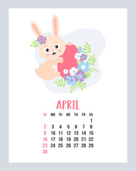 April calendar 2023. Cute easter bunny with easter egg and flowers. Vector illustration. Vertical Template. Week from sunday In English. rabbit is symbol 2023 year.