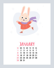 January 2023 calendar. Cute winter bunny skating in knitted sweater and scarf on white background with snowflakes. Vector illustration. Vertical Template. Week from Sunday. English