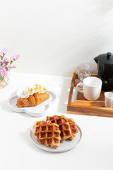 Lemon croissants and waffles menu in cafe. Bakery menu. Coffee shop. Isolated on white background. Fresh bakery. Homemade croissant. dessert. Delicious food.