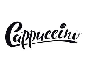 Cappuccino logo. Hand lettering, black calligraphy letters with coffee bean on the white background. Vector illustration for menu cafe bar restaurant banner flyer coffee card. Trendy inscription.