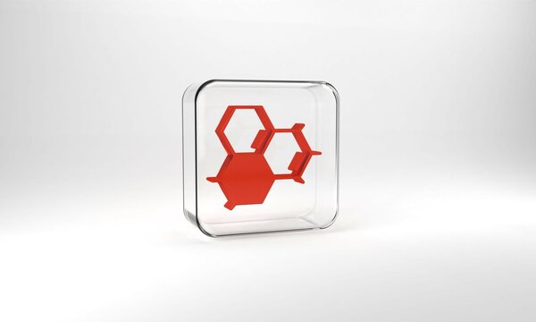 Red Molecule oil icon isolated on grey background. Structure of molecules in chemistry. Glass square button. 3d illustration 3D render