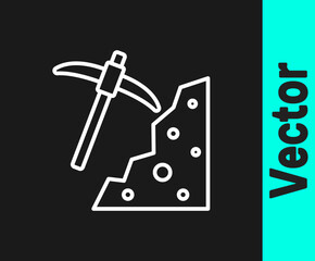 White line Pickaxe icon isolated on black background. Vector