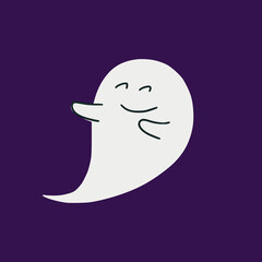 Funny cartoon halloween ghost dancing, smiling and chilling, isolated on purple background. Hand drawn childish illustration for holidays.