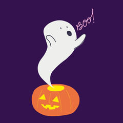 Spooky cartoon halloween ghost with Boo inscription, flying out of the pumpkin. Hand drawn childish illustration of a spirit and jack o’lantern for October holidays.