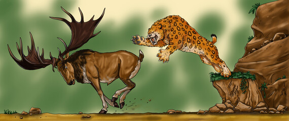 Fototapeta na wymiar Saber Tooth attacks the gigantic deer megaloceros. Drawing with extinct animals. Template for coloring book.