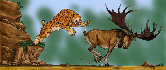 Saber Tooth attacks the gigantic deer megaloceros. Drawing with extinct animals. Template for coloring book.