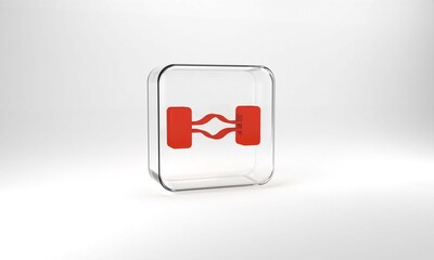 Red Chassis car icon isolated on grey background. Glass square button. 3d illustration 3D render