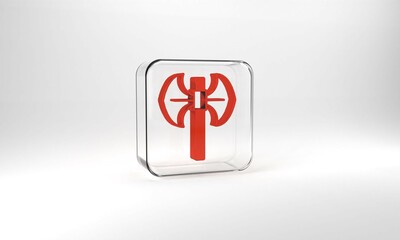 Red Medieval poleaxe icon isolated on grey background. Glass square button. 3d illustration 3D render