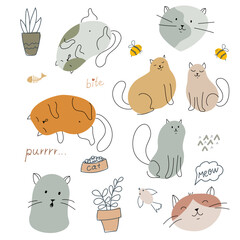 Funny cats in different poses. Simple kittens from spots and lines. Cute animal print. Vector illustration isolated on white background.