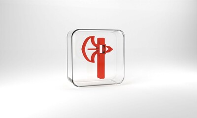 Obraz premium Red Medieval axe icon isolated on grey background. Battle axe, executioner axe. Medieval weapon. Glass square button. 3d illustration 3D render