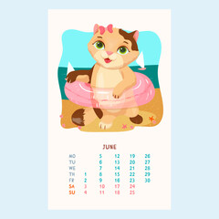 Calendar for 2023 with cute cats. Kitten in inflatable circle floating at swimming pool. Pets. Furry friends. Calendar for June in cartoon style. Vector illustration.