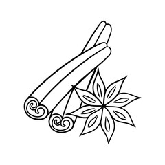 Monochrome cinnamon stick and spices from star anise, vector cartoon
