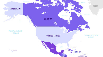 北米大陸色分け地図　Colored map of the North American Continent