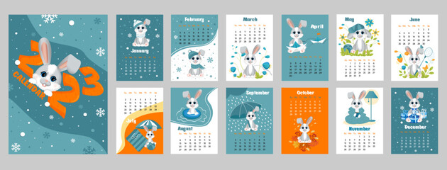 Calendar 2023 with symbol of the year hare (rabbit). Cute little hare(rabbit) in cartoon style. Week starts on Sunday. Set of 12 pages and cover in size A3, A4, A5. Vector  vertical format. © Инна Бородулина