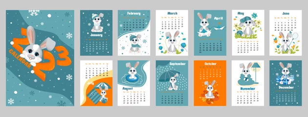 Foto op Aluminium Calendar 2023 with symbol of the year hare (rabbit). Cute little hare(rabbit) in cartoon style. Week starts on Sunday. Set of 12 pages and cover in size A3, A4, A5. Vector  vertical format. © Инна Бородулина