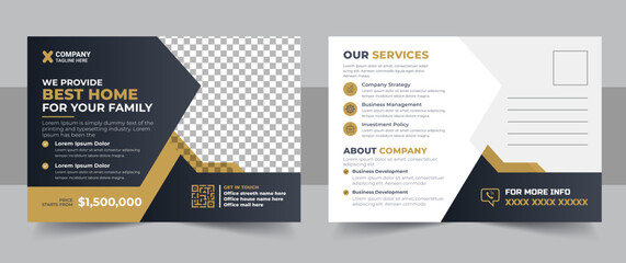 Real Estate Agent and Construction Business Postcard Template design, Creative postcard design template. Yellow corporate postcard or Eddm postcard design template