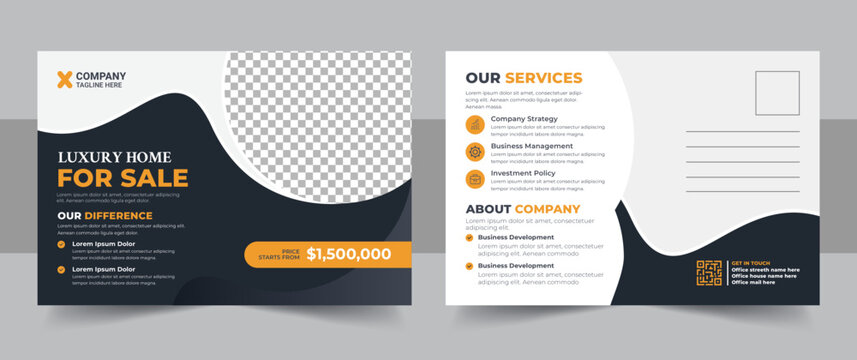 Real estate yellow postcard or EDDM postcard design template, Corporate business or marketing agency postcard template, Real Estate Agent and Construction Business Postcard Template design