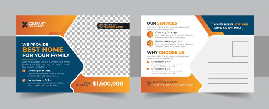 Corporate business or marketing agency postcard template, Real Estate Agent and Construction Business Postcard layout vector